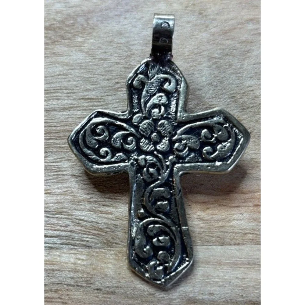 German Silver Cross Pendant Turquoise Cabochon Nepal Tibetan Floral Scroll